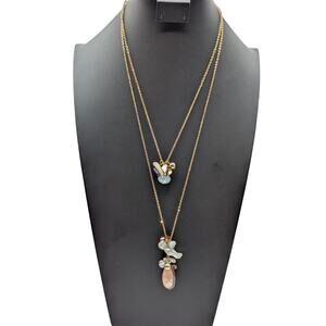 Double Strand Gold Tone Stone Crystal Glass Beaded Cluster Dangle Necklace